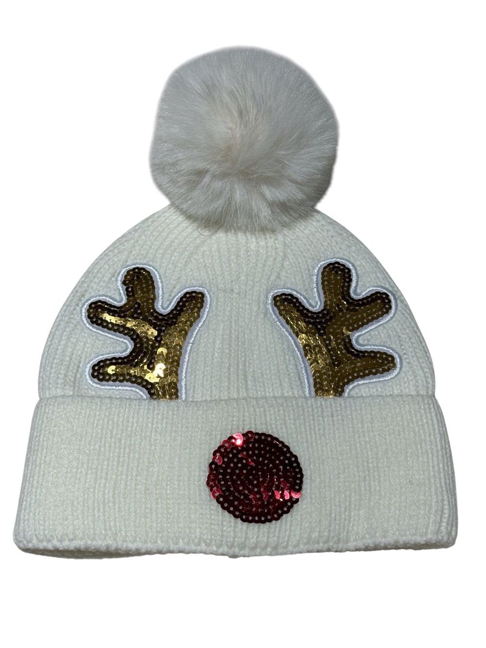 Women White Pom-Pom Reindeer Beanie with Gold Antlers